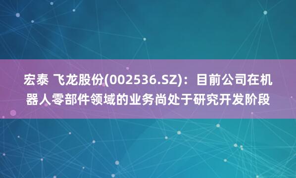 宏泰 飞龙股份(002536.SZ)：目前公司在机器人零部件领域的业务尚处于研究开发阶段